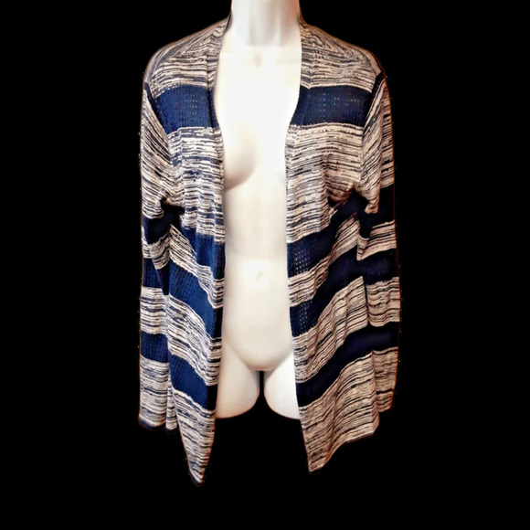 belldini crochet Cardigan Open Front Large Blue Gray STRETCH Breathable - Picture 2 of 6